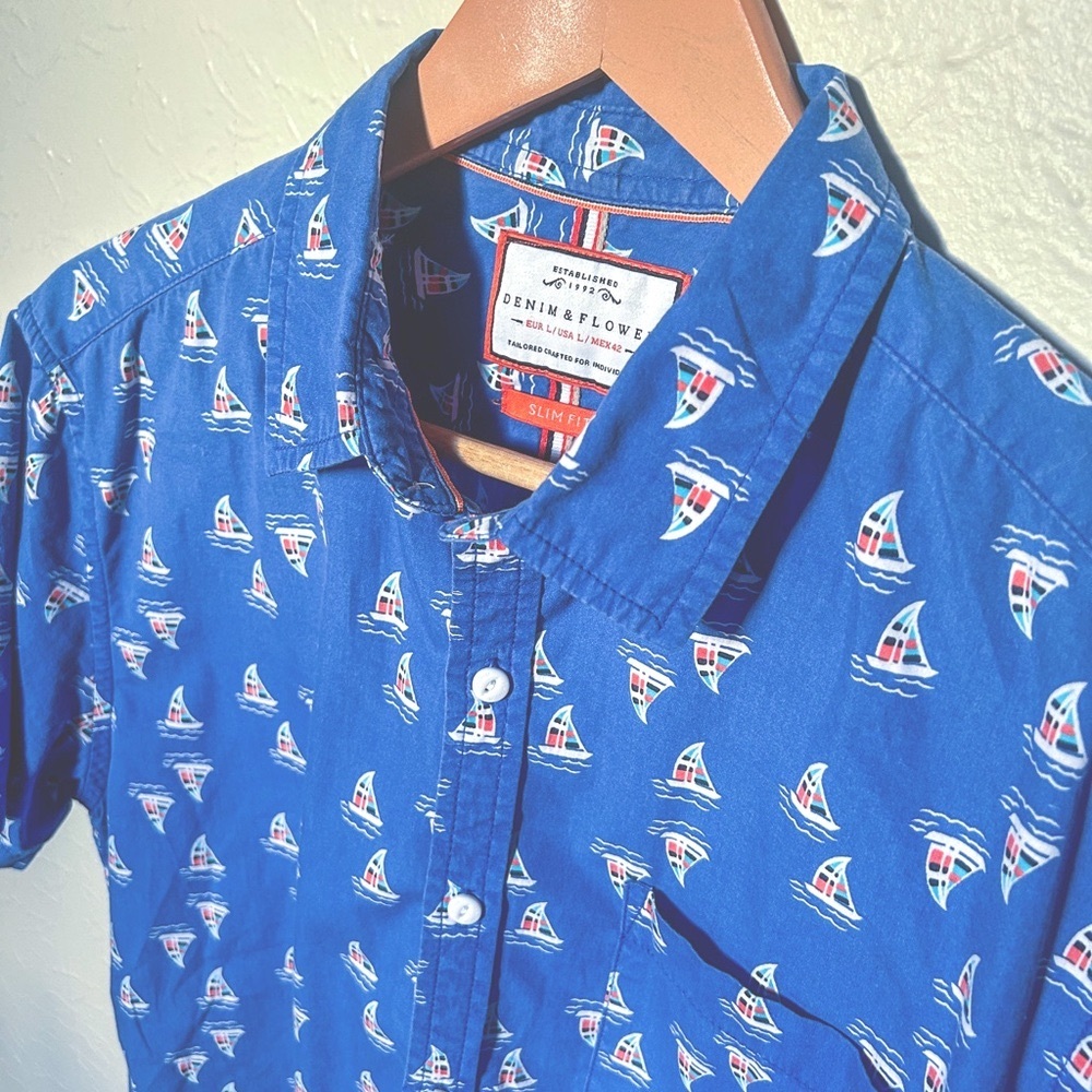 DENIM & FLOWER Nautical Sailboat Print Shirt M